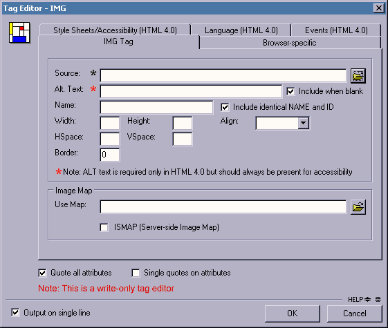 Screenshot of Homesite image tag editor includes red asterix to explanatory note beside alt-text field