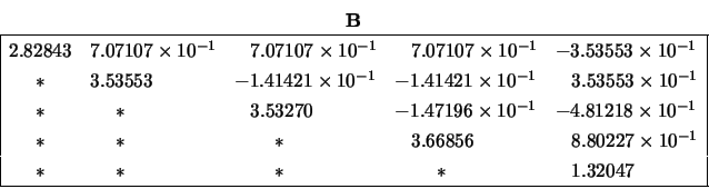 \begin{displaymath}\begin{array}{c} {\bf B} \\
\begin{array}{\vert cllll\vert}...
...{0.50 cm}* & \;\;\; 1.32047 \\
\hline \end{array} \end{array} \end{displaymath}