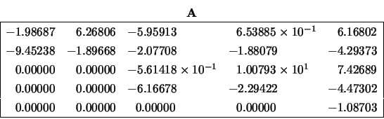 \begin{displaymath}
\begin{array}{cc} {\bf A} \\
\begin{array}{\vert rrllr\ve...
...00000 & ~~0.00000 & -1.08703 \\
\hline \end{array} \end{array}\end{displaymath}