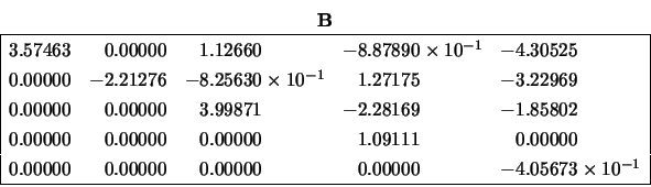 \begin{displaymath}
\begin{array}{cc} {\bf B} \\
\begin{array}{\vert lllll\ve...
...00 & -4.05673 \times 10^{-1} \\
\hline \end{array} \end{array}\end{displaymath}